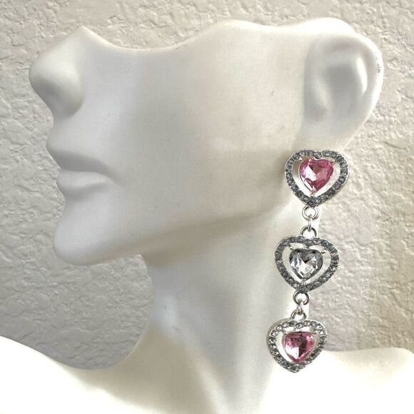 Pink rhinestone heart drop post earrings - Picture 1 of 6